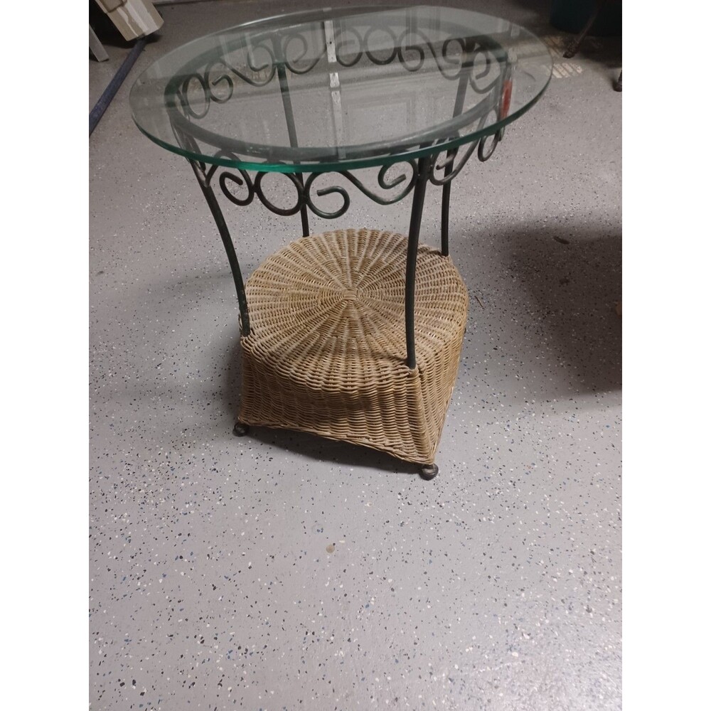 Wicker And Iron Based Table In Door Or Out With Round Glass USED